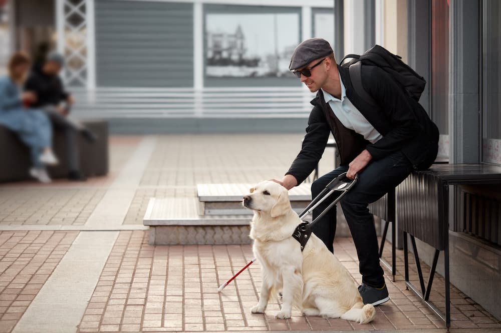 Dog helping visually impaired man