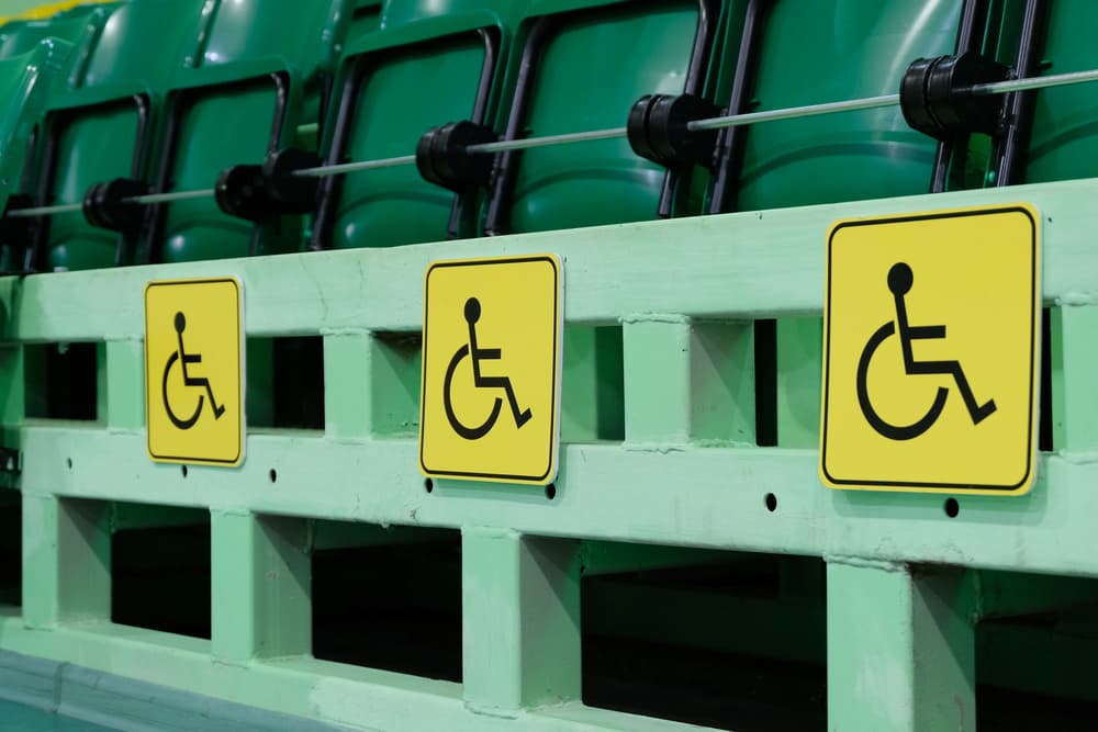 Three yellow signs denoting places for the disabled