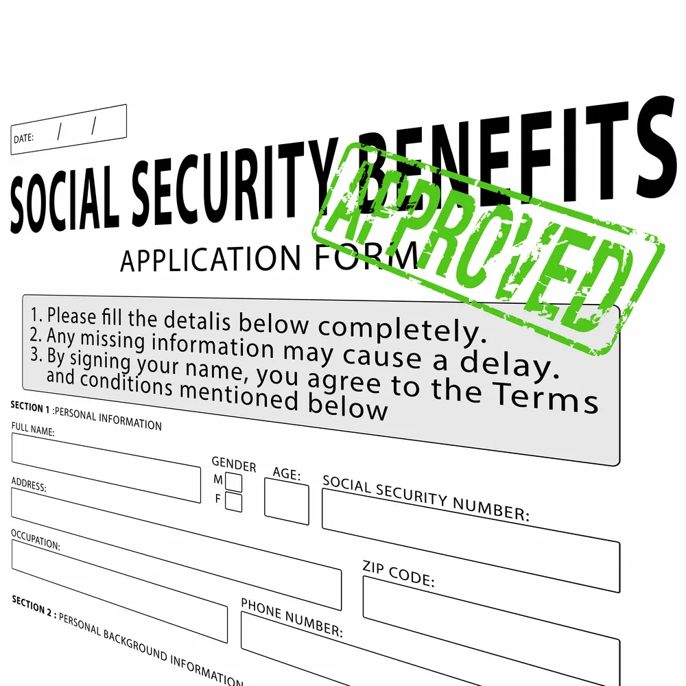 Social security application form with green approved stamp