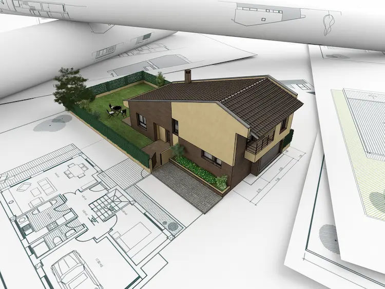 Architectural drawings and house 2 stock image